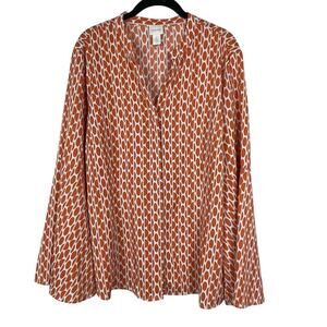 Chico's Size 2 US 12 Button Up Orange Beige Geometric Print‎ Top 3/4 Bell Sleeve